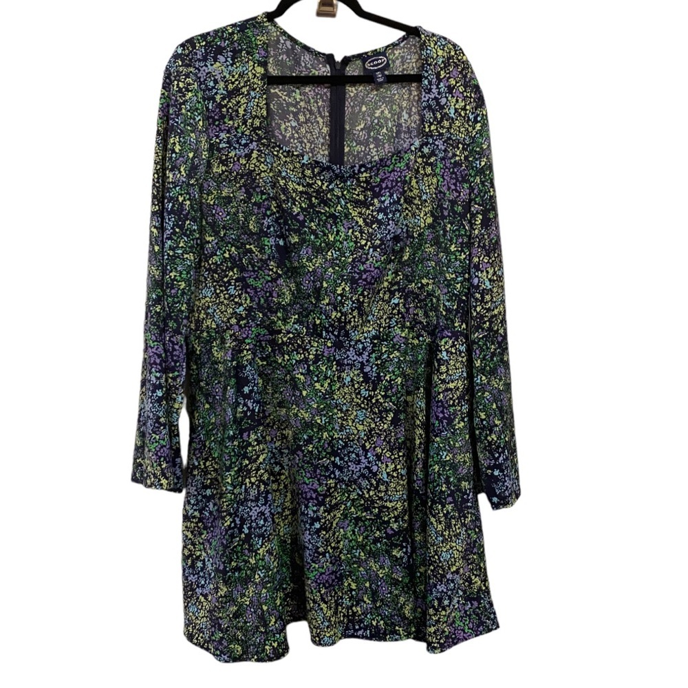 Scoop Square Neck Floral Mini Dress Long Sleeve Purple Green Black A-Line Flared